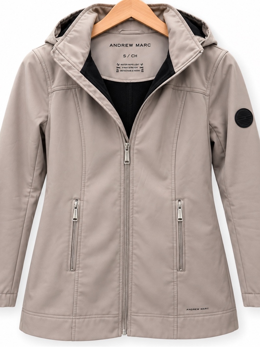 Andrew Marc Women's Taupe Hooded Softshell Jacket with Zip Pockets